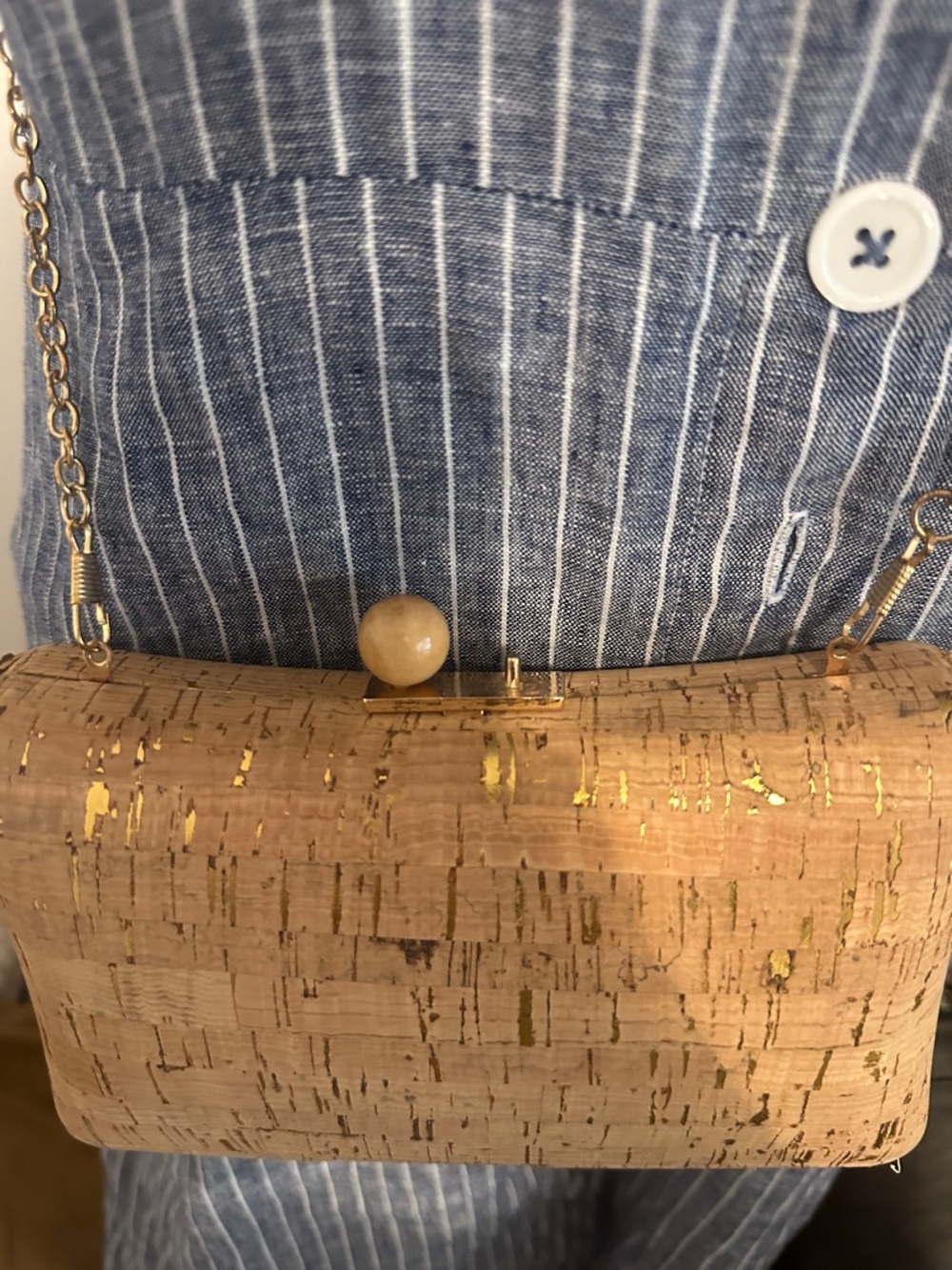 Natural Cork Clutch with Gold Accent Shoulder Chain
